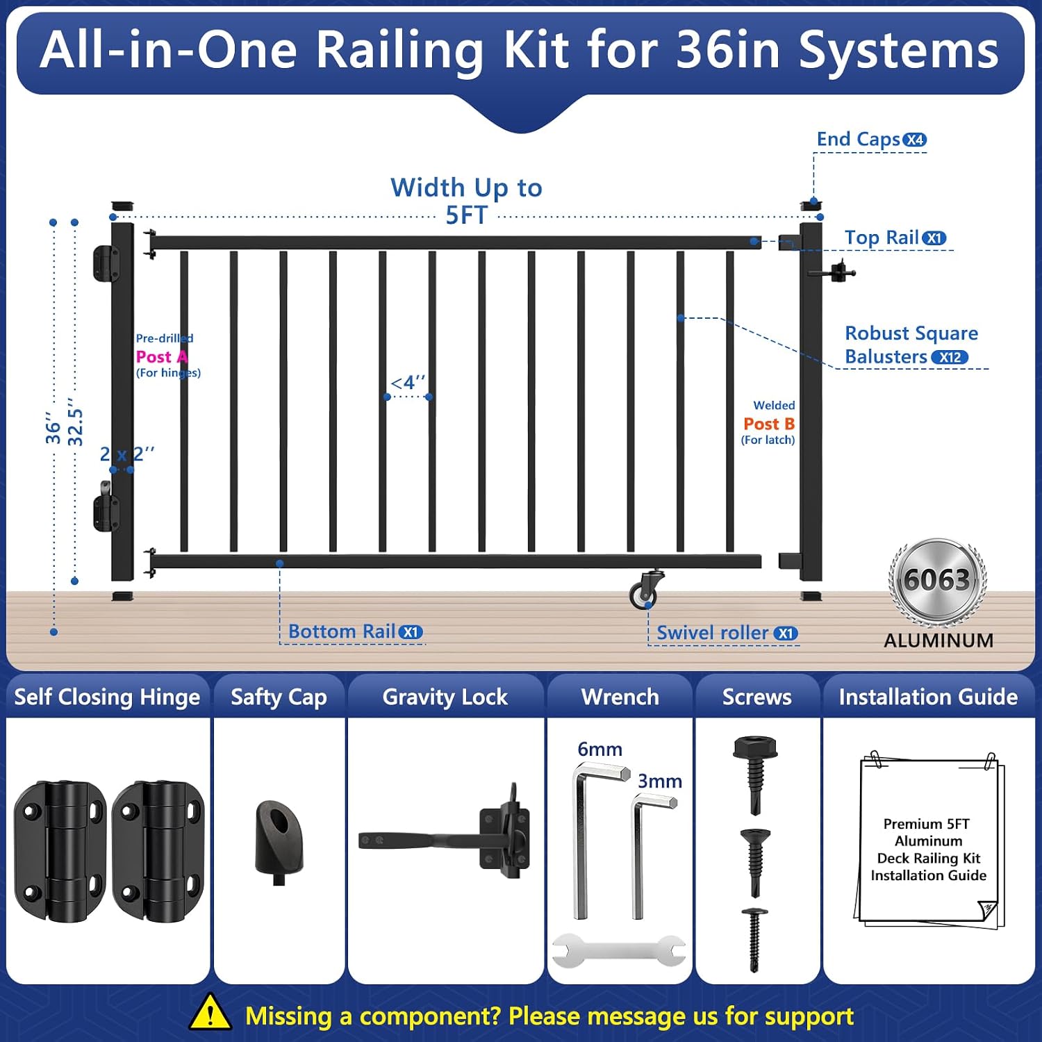 5ft Aluminum Deck Gate 36in H with Support Wheel, Cuttable Railing Gate Kit with Latch & Auto-Close Hinges, AAMA 2604 Textured Black Outdoor Gate for Deck, Porch, Patio
