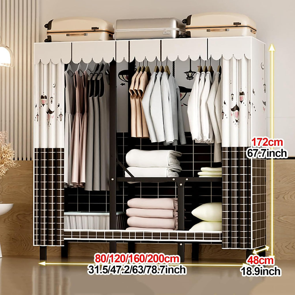 Foldable Closet With Cover,Heavy Duty Clothes Rack,Portable Wardrobe Closet For Hanging Clothing,Black Metal Garment Rack, Freestanding Covered Armoire Coat Storage(Brown,160x48x172cm)