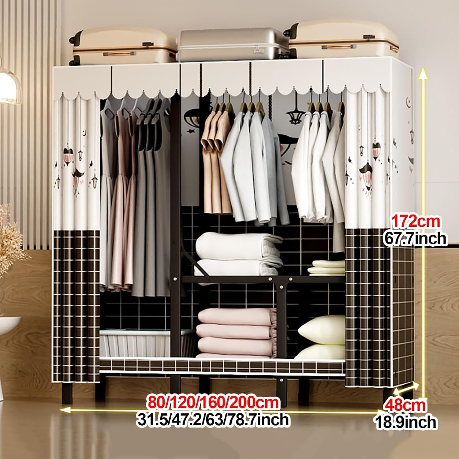 Foldable Closet With Cover,Heavy Duty Clothes Rack,Portable Wardrobe Closet For Hanging Clothing,Black Metal Garment Rack, Freestanding Covered Armoire Coat Storage(Brown,160x48x172cm)