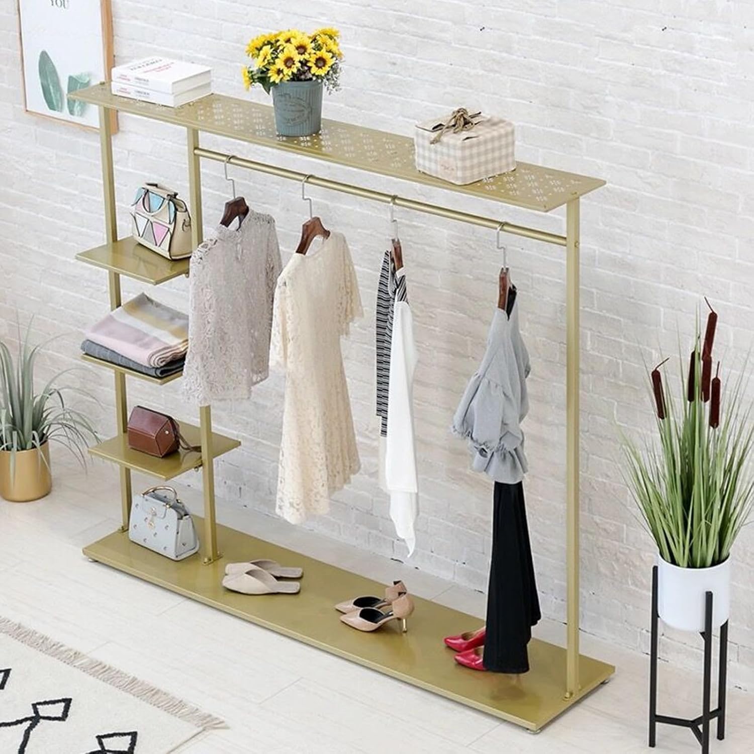 Hangers Display Stand - Garment Rack with Shelf, Metal Clothing Rack Free Standing Closet Organizer with 5 Tier Shelf,Large Clothing Display Stand for Home(One Color-L100cm
