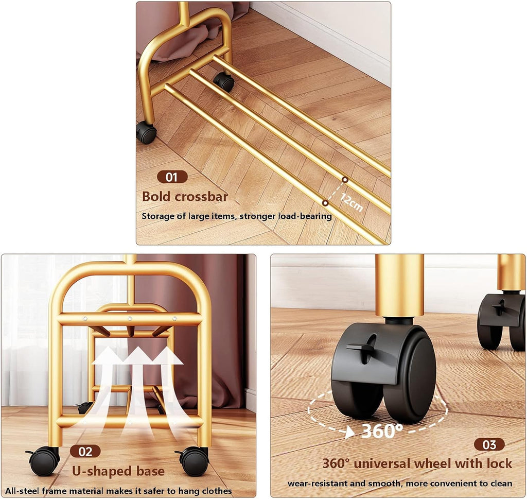 Heavy Clothes Rails Shoe Bench Coat Stand Rack Hanger Clothes Rack With Shelves, Free-Standing Garment Rack With Wheels, Upgrade Stable Double Deck Clothes Hanging Rack, Storage Shelf Coat R