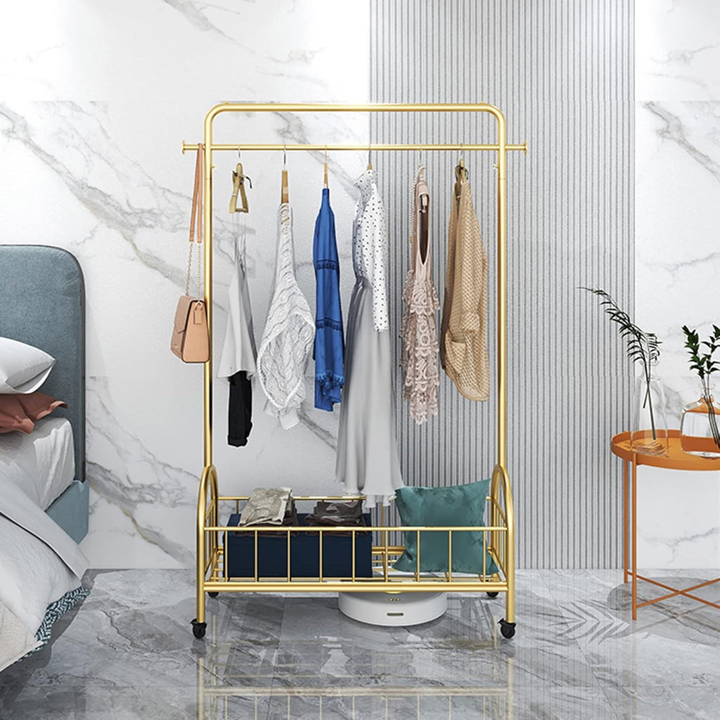 Heavy Duty Coat Rack, Garment Rack Metal Clothing Rack for Hanging Clothes On Wheels Space Saving Coat Rack with Storage Basket and 2 Hooks Freestanding Clothes Organizer (Gold 120X30X160CM)