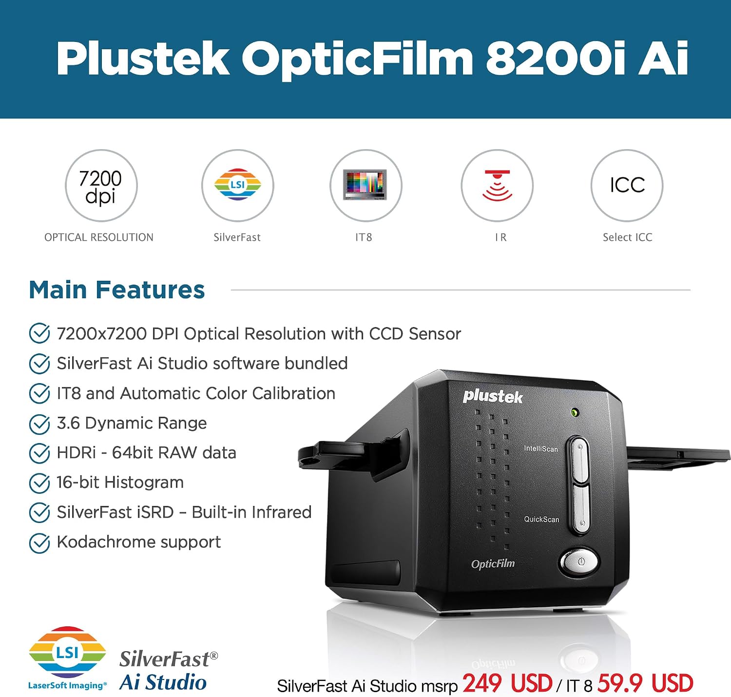 Plustek OpticFilm 8200i AI - 35mm Film & Slides Scanner. IT 8 Calibration Target + SilverFast Ai Studio 9, 7200 dpi Resolution 64Bit HDRi , Mac/PC