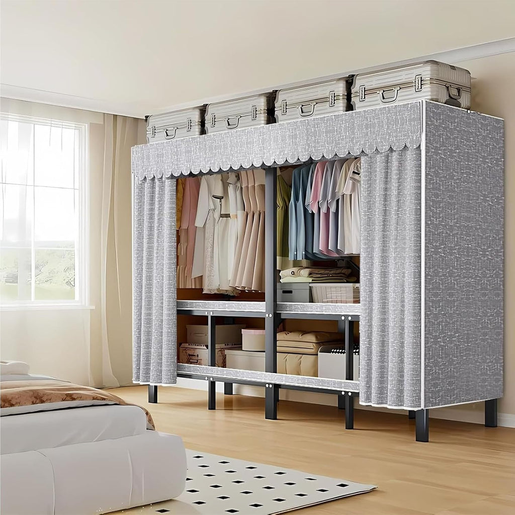 Portable Folding Wardrobe Closet, Heavy-duty Clothe Rack With Cover Foldable Metal Garment Rack On Wheels Freestanding Rolling Clothing Coat Storage Rack 20.4in Width Load 2000lbs(150cm/59.1in)