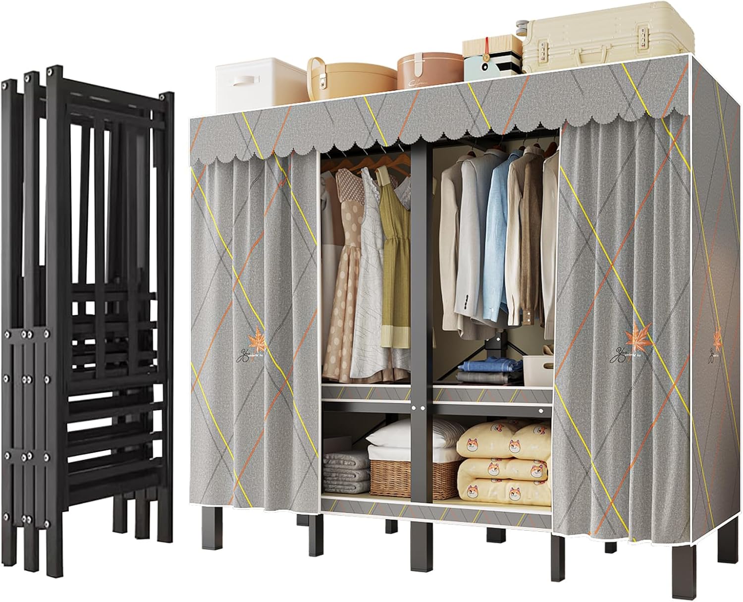 Heavy Duty Clothing Rack with Oxford Fabric Cover, Portable Closet Wardrobe with Hanging Rods, Freestanding Wardrobe, Metal Closet Rack for Hanging Clothes (Zipper Design, 70.9''/180cm)