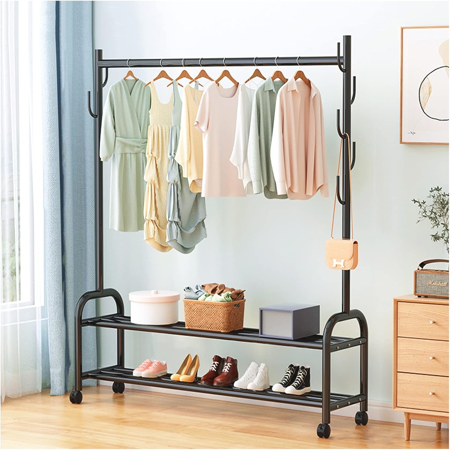 Heavy Duty Clothes Rack Garment Rail Shoe Bench Coat Stand Rack Hanger Clothes Rack With Shelves, Free-Standing Garment Rack With Wheels, Upgrade Stable Double Deck Clothes Hanging Rack, Sto