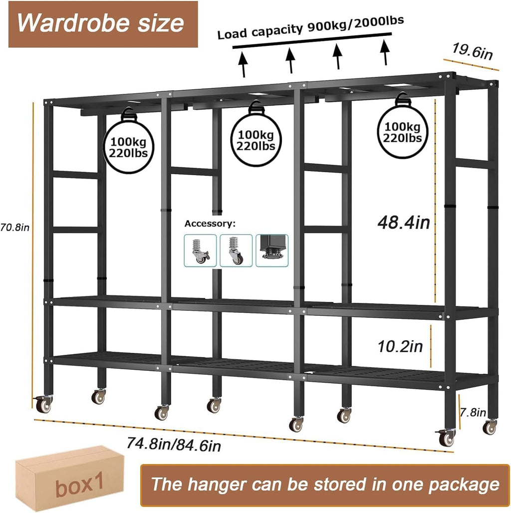 Rolling Garment Rack Portable Closet Clothes Rack for Hanging Clothes Metal Wardrobe Clothing Rack with Wheels and 3 Closet Rods Foldable Freestanding Wardrobe Rack with Dust Cover (84.6in)