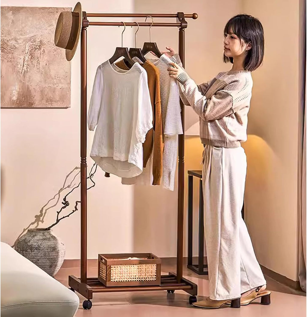 Heavy Duty Coat Rack, Garment Rack Double Rail Clothing Rack for Hanging Clothes, Freestanding Solid Wood Coat Rack with Shelves and 2 Hooks, Space Saving Clothes Organizer (Walnut Color)