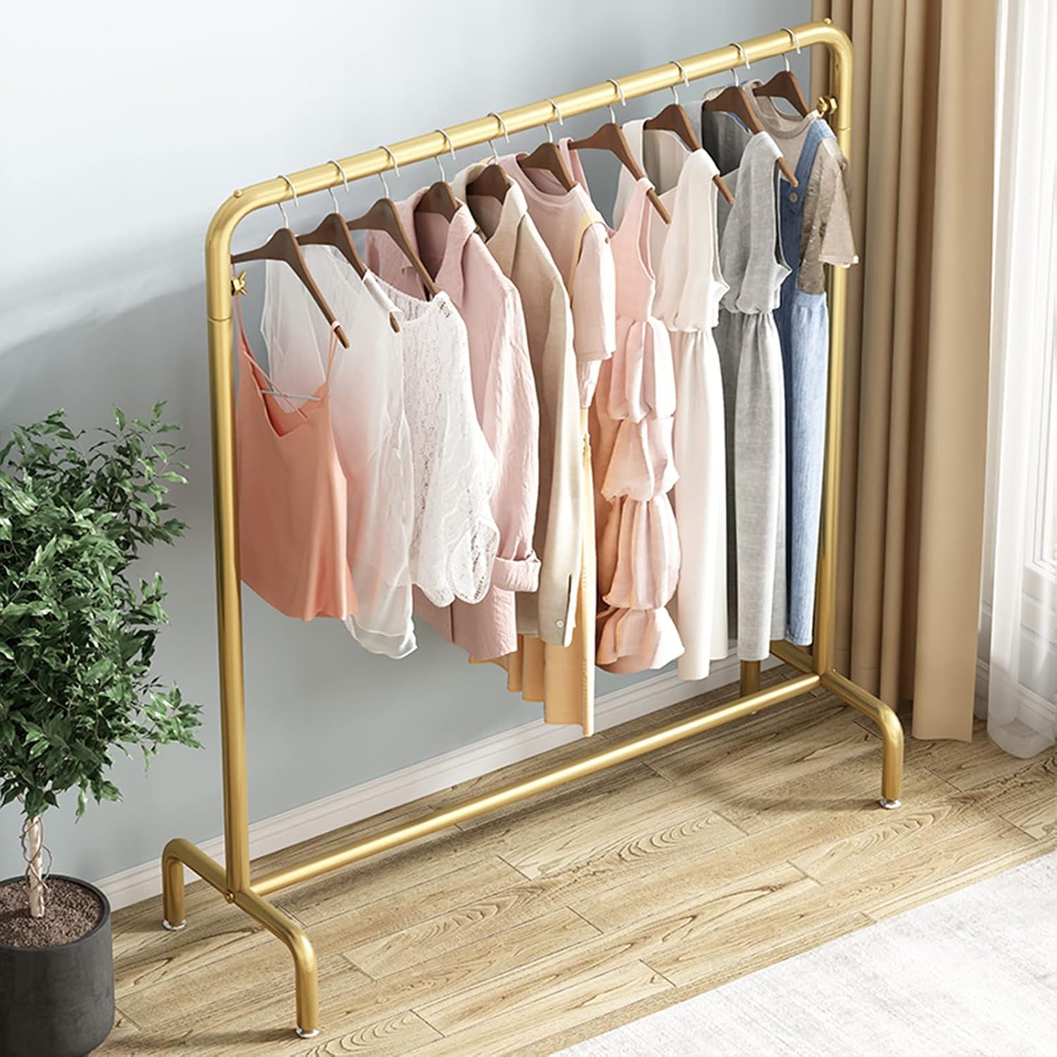 Heavy duty Garment rack Nordic Modern Clothes Rail Heavy Duty Metal Clothing Rack For Bedrooms And Living Rooms Freestanding Retail Display Racks Easy To Assemble Coat Rack For Hangi (Gold 100X40X150