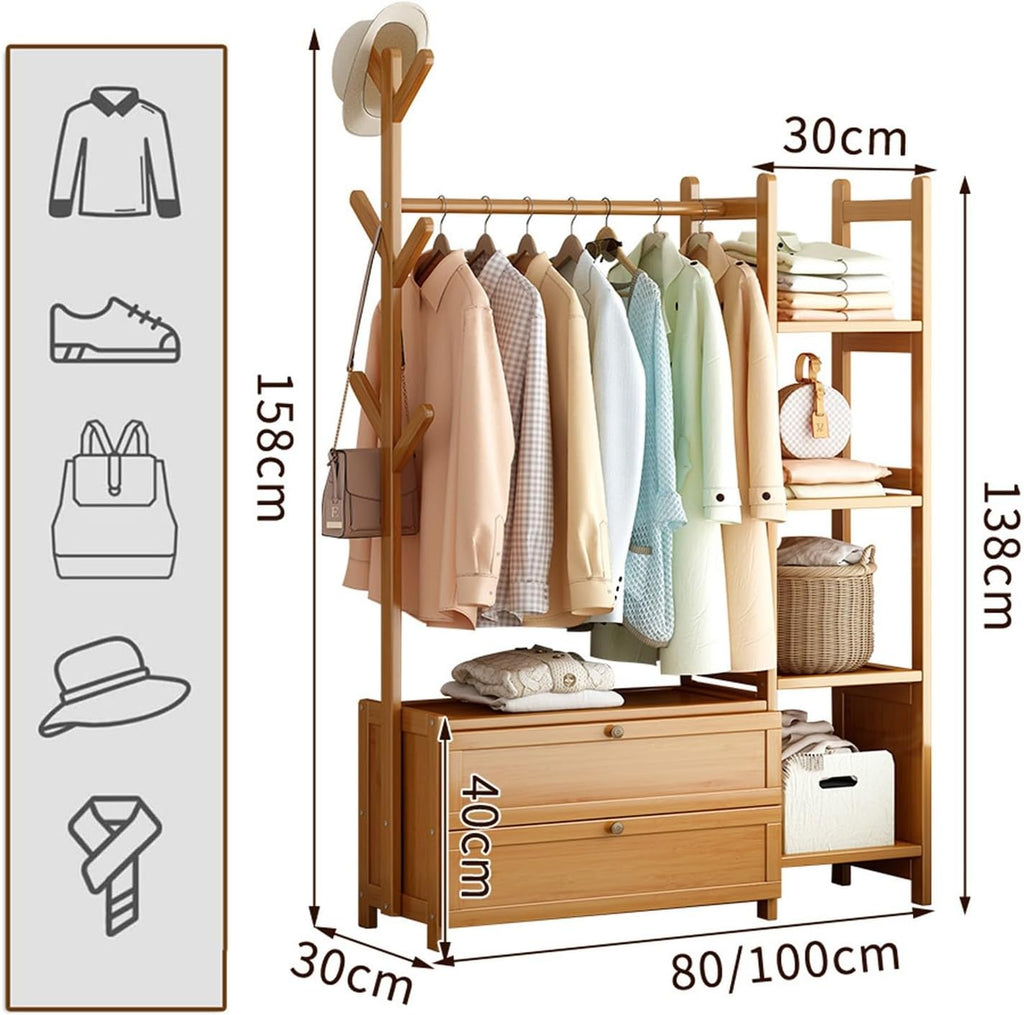Walnut Bamboo Coat Rack, Freestanding Multi-Functional Clothing Rail with 4 Shelves & Double Drawer Storage for Bedroom nization, Ideal for Shoes & Boxes