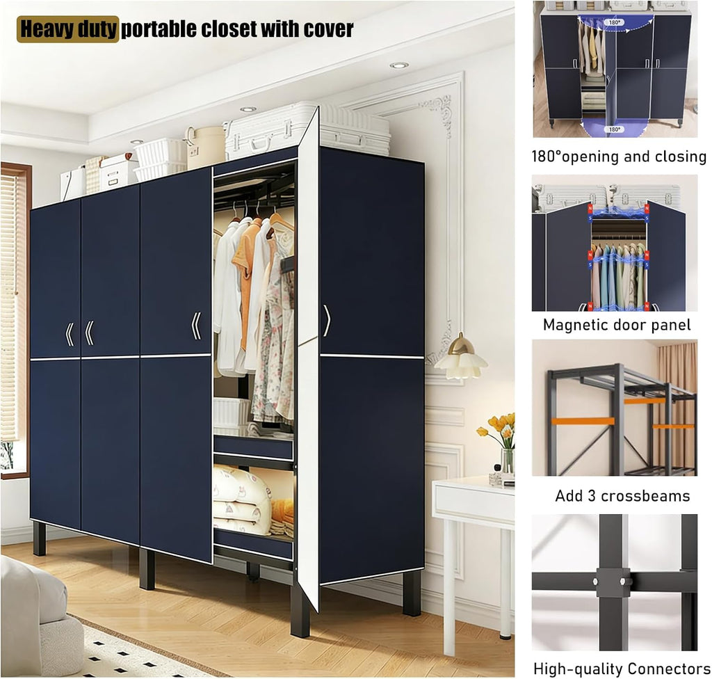 Foldable Portable Wardrobe On Wheels, Freestanding Garment Rack, with Magnetic Door 2000lbs, Heavy Duty Clothes Rack, for Bedroom Closet Systems (Gray Blue, 125CM-49.2IN)