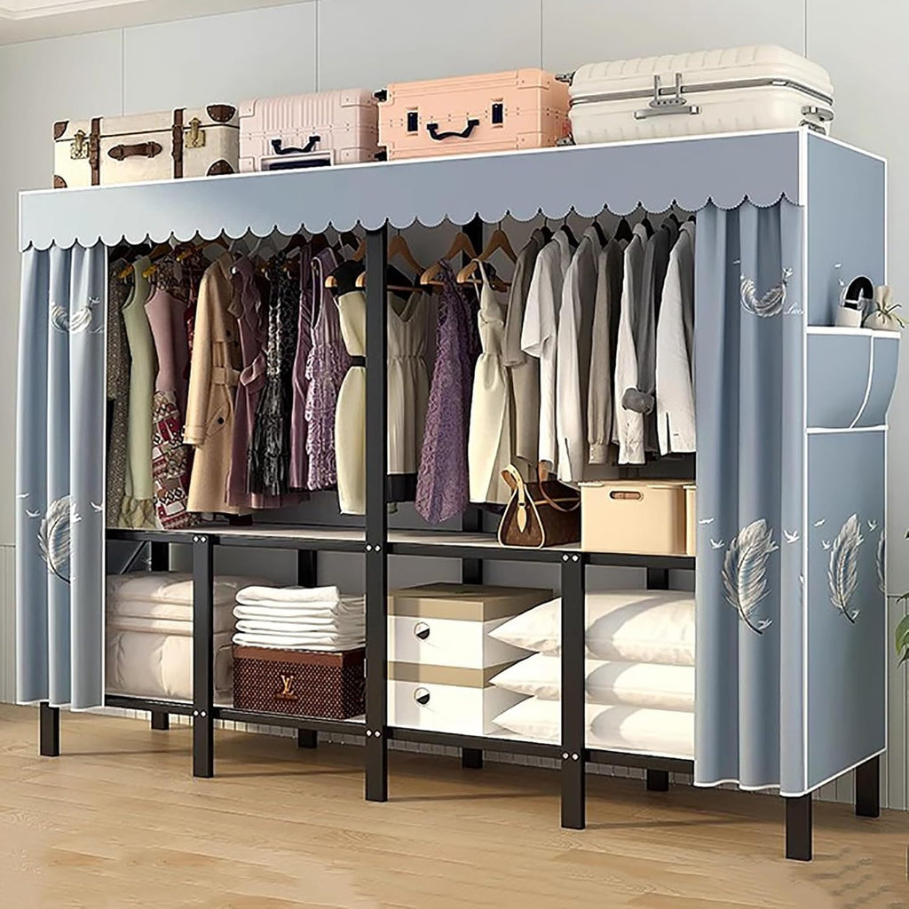 Portable Wardrobe Closet Storage Organizer for Bedroom, Folding Garment Rack, 23MM Thick Steel Hanging Rack with Polyester/Cotton Fabric Cover Blue(190 * 45 * 170cm)
