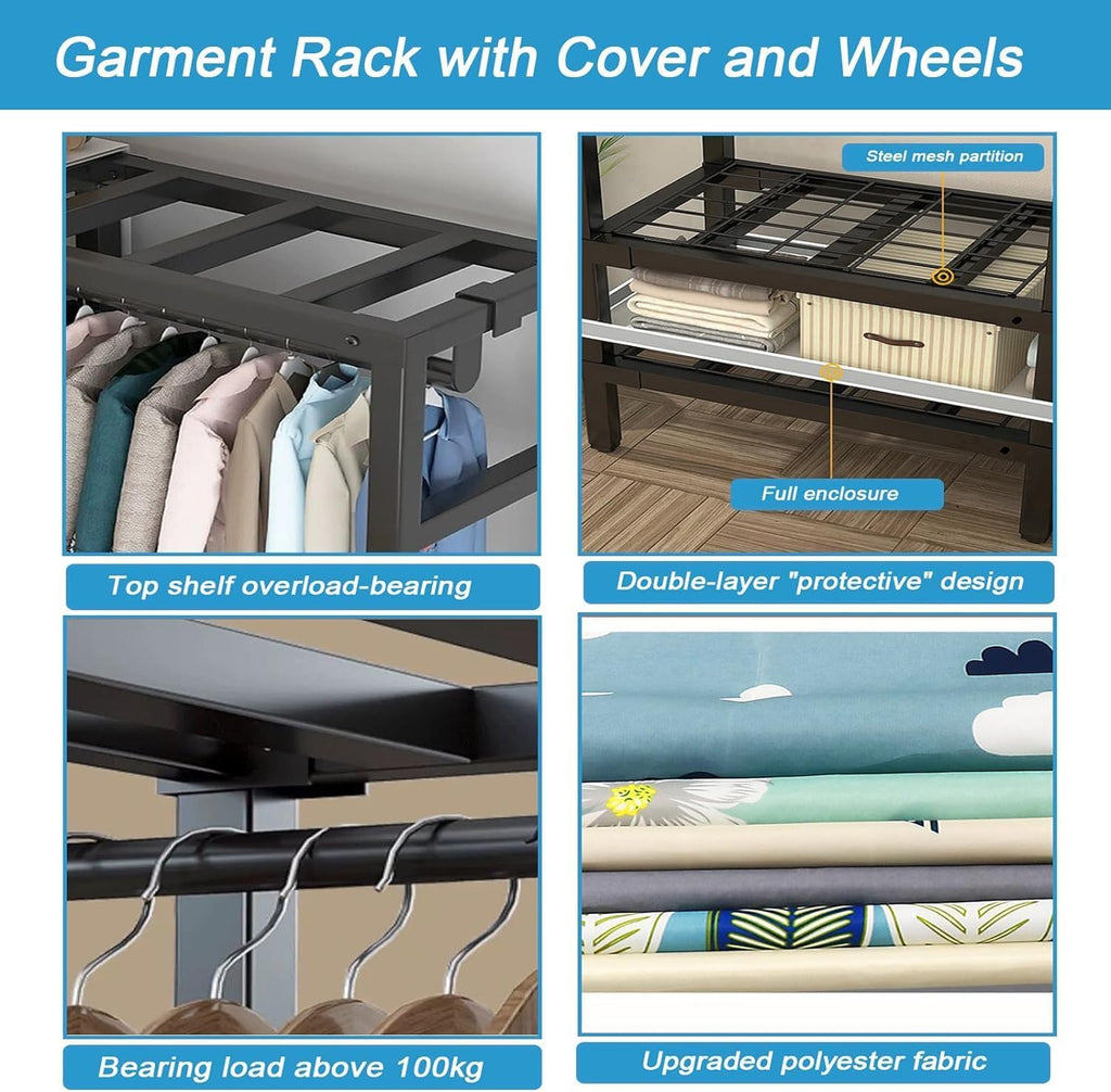 Collapsible Garment Rack with Cover and Wheels, 70.8in High Portable Wardrobe Closet Rack/Heavy-Duty Freestanding Closet System for Bedroom/Large Cabinet Clothes Storage Organizer (84.6in/215cm)