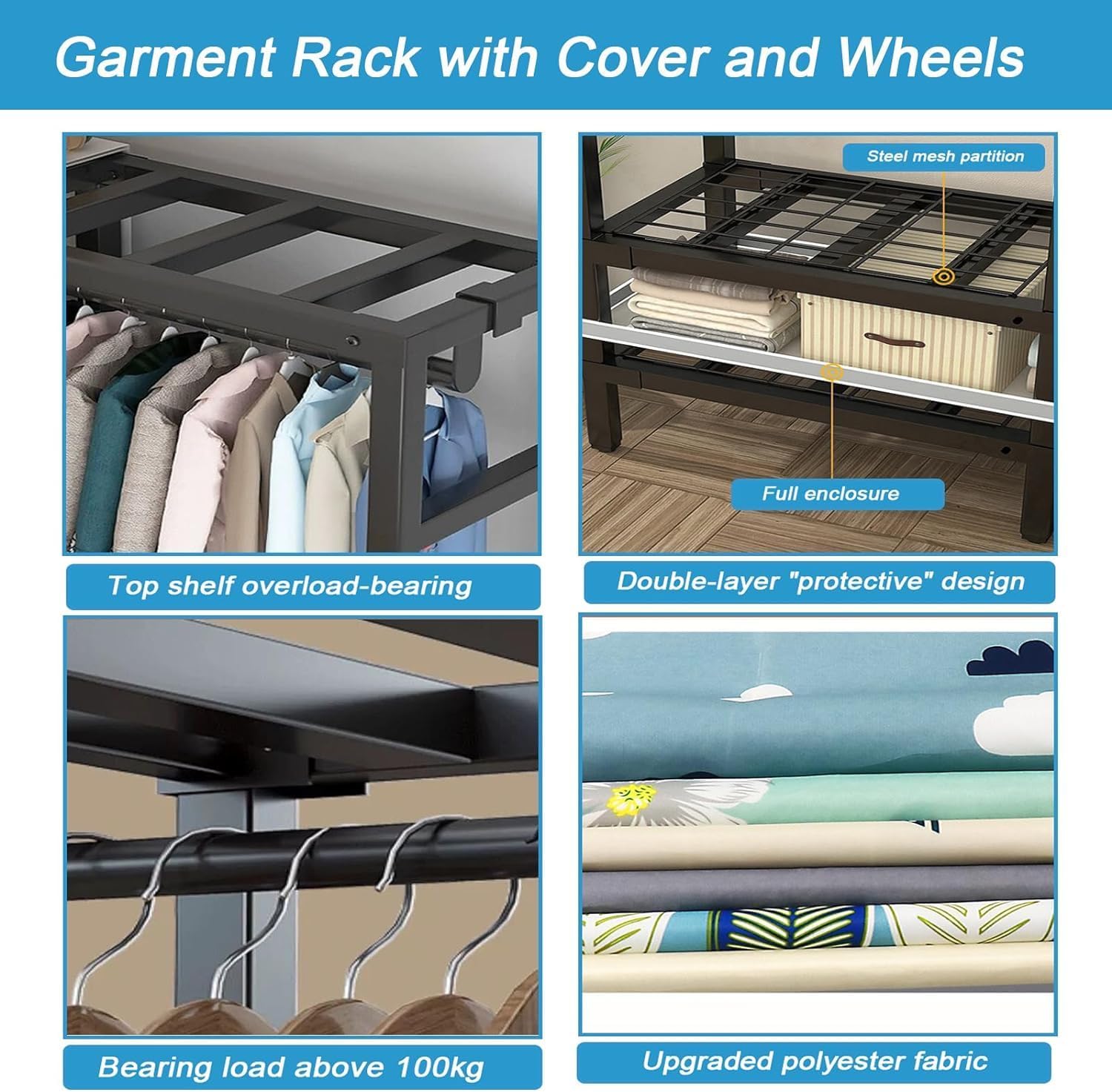 Portable Foldable Wardrobe Closet for Hanging Clothes Storage Garment Rack with Cover and 8 Wheels-70.8in High Heavy-Duty Freestanding Closet System with 3 Hanging Rods Load 1600lb(74.8in/190cm)