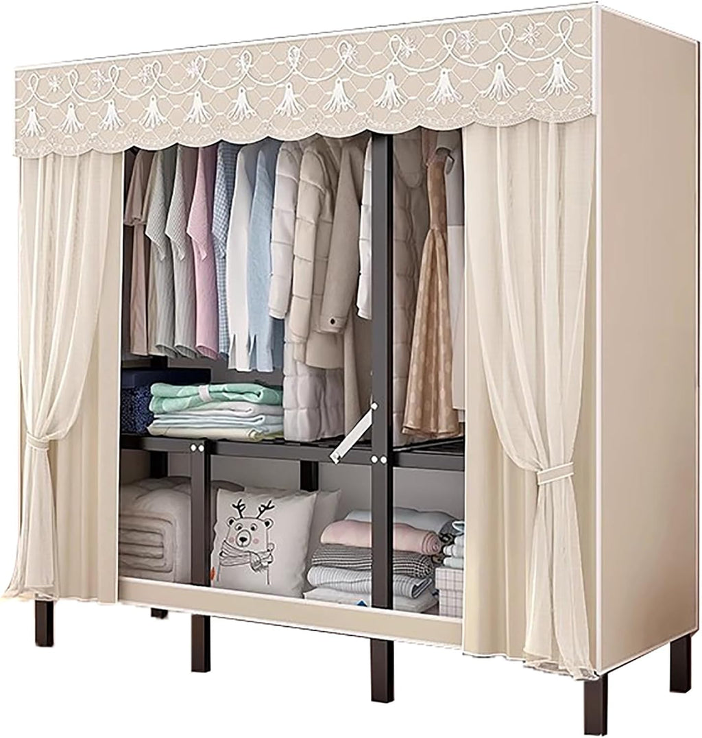 Portable Foldable Wardrobe Closet, Garment Rack with Cover for Hanging Clothes, Clothes Rack with Storage Basket, Clothes Storage Box, Thickened Steel Tube(Beige,78.7x67in/200x67in)