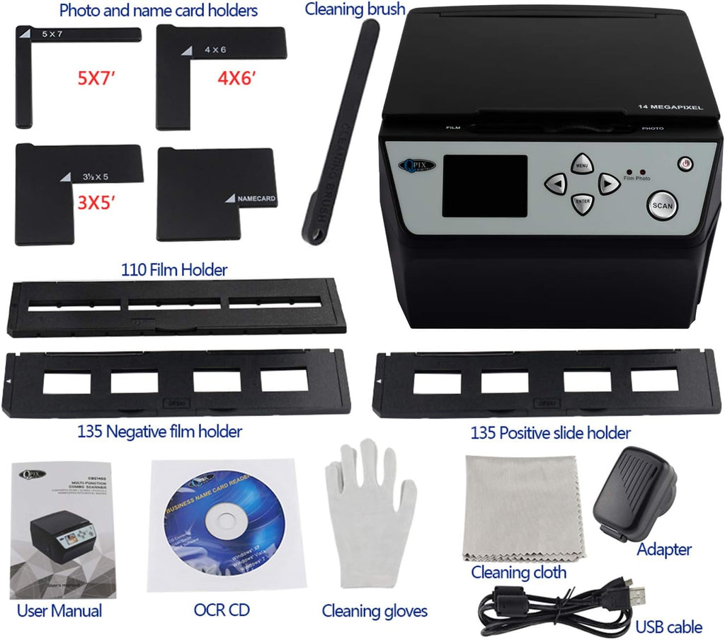 Digital Film & Photo Scanner Multi-Function Combo Scanner with HD 22MP, Convert 135Film/35mm slide/110Film/Photo/Document/Business Card to Digital JPG Files, 2.4 inch LCD, Black