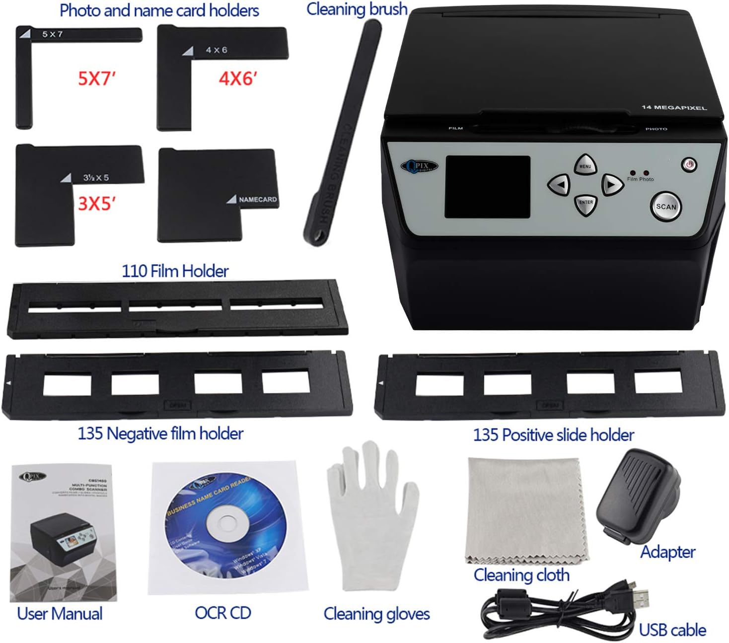 Digital Film & Photo Scanner Multi-Function Combo Scanner with HD 22MP, Convert 135Film/35mm slide/110Film/Photo/Document/Business Card to Digital JPG Files, 2.4 inch LCD, Black