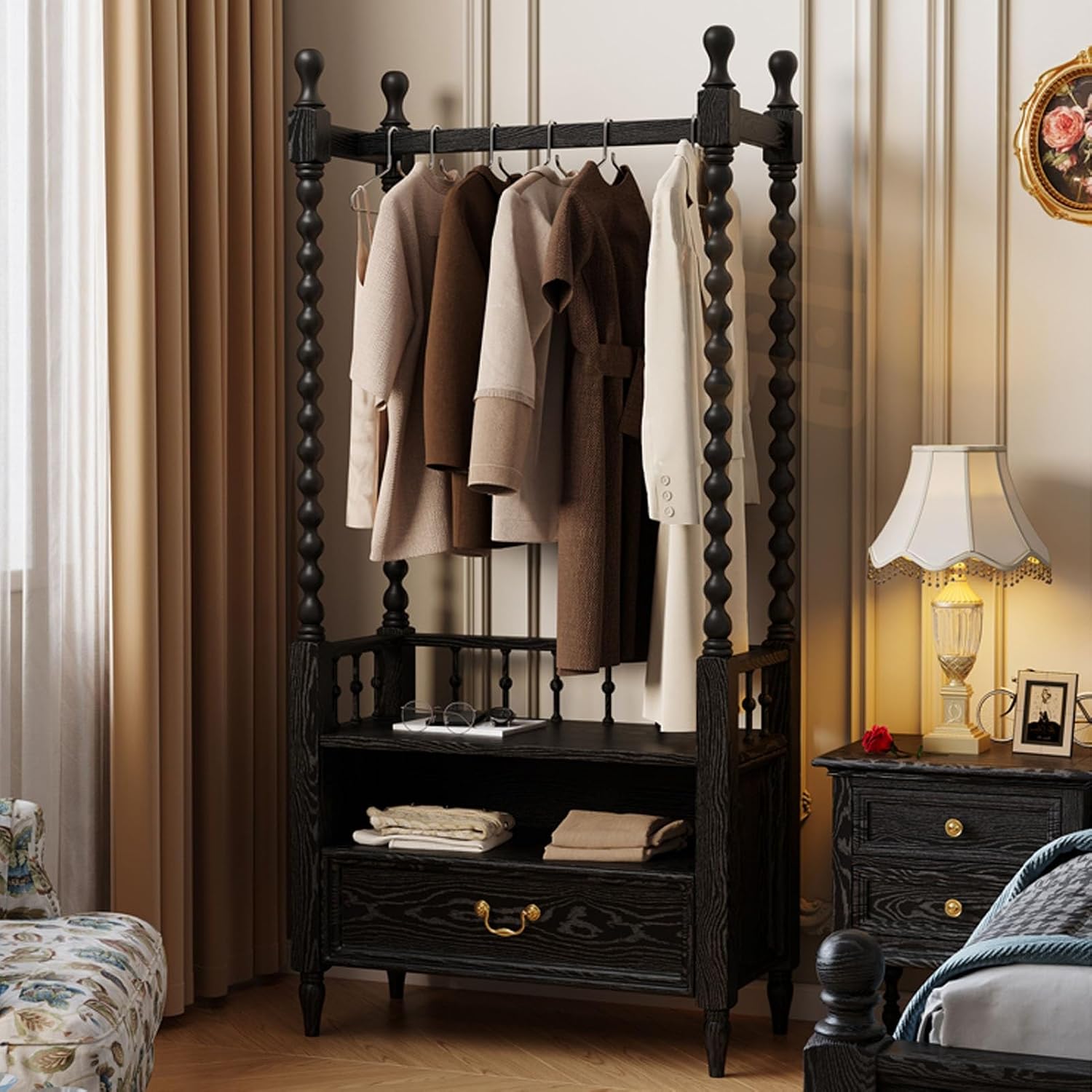 Solid Clothes Rack, Garment Racks, Drawers and A Shelf, Floor Coat Rack Retro Wooden Floor-Standing, Clothes Racks Bedroom for Hanging Shirts, Jackets(Black)