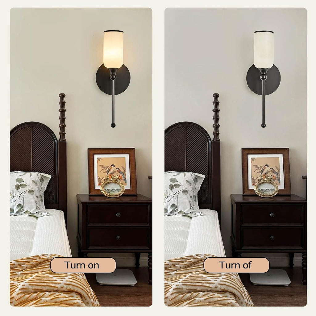 vntage Alabaster Wall Sconce, 15.4inch Natural Marble Lampshade Wall Sconce, Hardwired Sconce LED Modern Wall Lamp for Bedroom, Stairs, Living Room, Bedside, Hallway Black