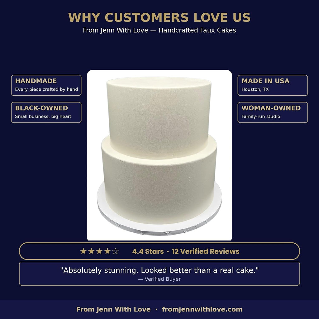 FromJennWithLove 2 Tier Fake Wedding Cake, 12' Tall Handcrafted Ivory Display Cake – 4-Day Artisan Process, Made in USA – Reusable Centerpiece for Weddings & Bridal Showers