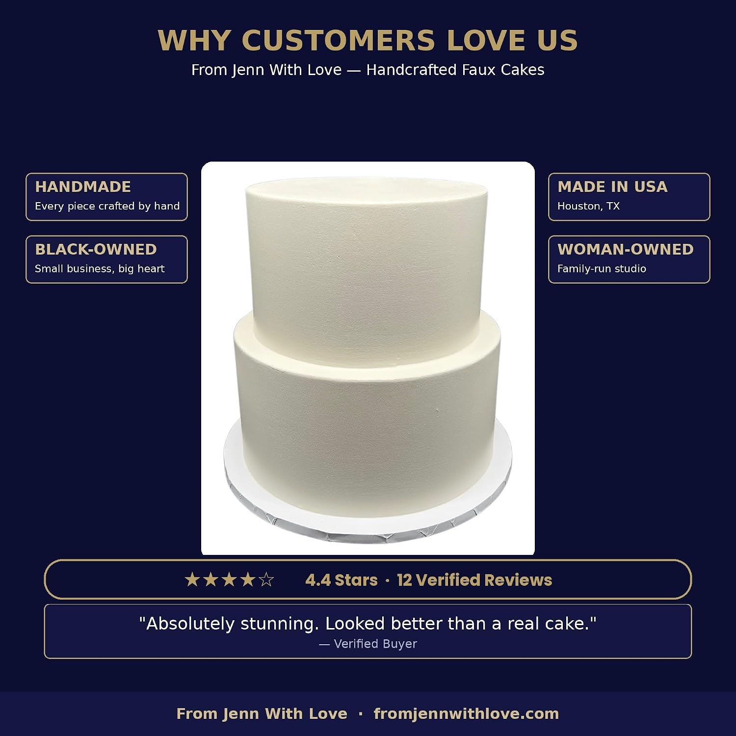 FromJennWithLove 2 Tier Fake Wedding Cake, 12' Tall Handcrafted Ivory Display Cake – 4-Day Artisan Process, Made in USA – Reusable Centerpiece for Weddings & Bridal Showers