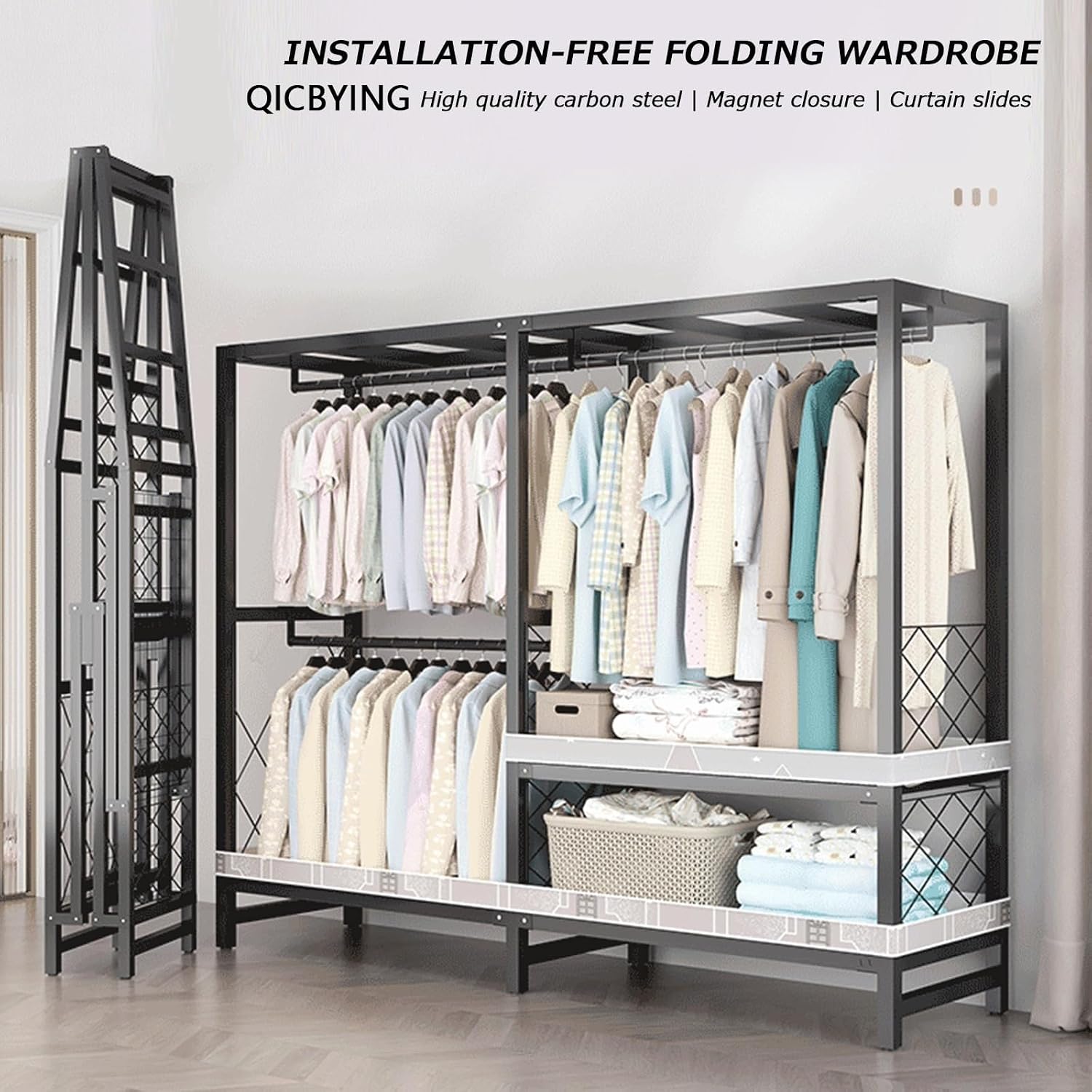 Heavy Duty Rolling Garment Rack With Cover, Foldable Clothing Rack, Portable Freestanding Closets Wardrobe , Metal Armoires, Foldable Portable Closet Wardrobe Rack, Portable Closet With Cover(Size:215