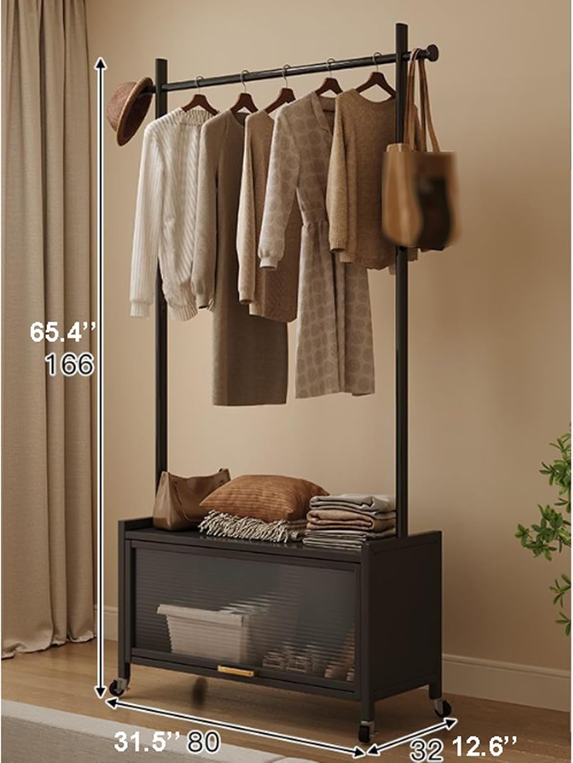 Metal Clothes Rack Nordic Modern Clothing Rack w/Lockable Wheels & Storage Cabinet Heavy Duty Metal Wardrobe Garment Rack for Hanging Shirts Jackets Pants