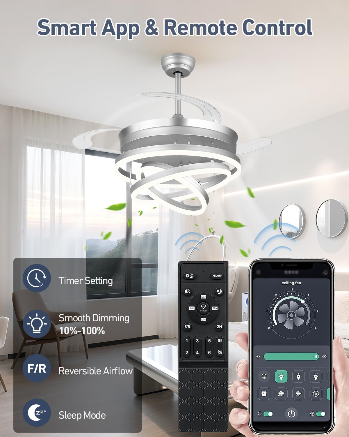 42 Inch Retractable Ceiling Fans with Lights and Remote, Modern Chandelier Fandelier Ceiling Fans, Quiet Reversible DC Motor, 6 Speeds, 3 Color Dimmable LED for Bedroom Living Room (Silver)