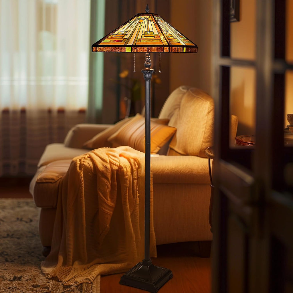 Capulina Tiffany Lamp Antique Amber Brown Stained Glass Floor Lamp 2-Light
