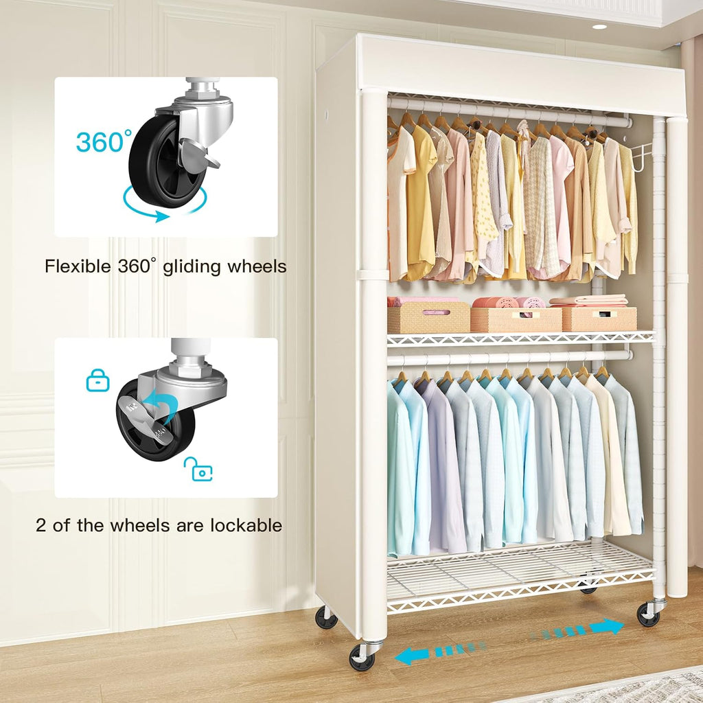FUTASSI White Clothing Rack with Beige Cover, P1C Rolling Closets with Wheels, Metal Garment Rack for Hanging Clothes, Clothing Storage Wardrobe, 36.2' W x 16.5' D x 80.5' H, Load 450 Pounds
