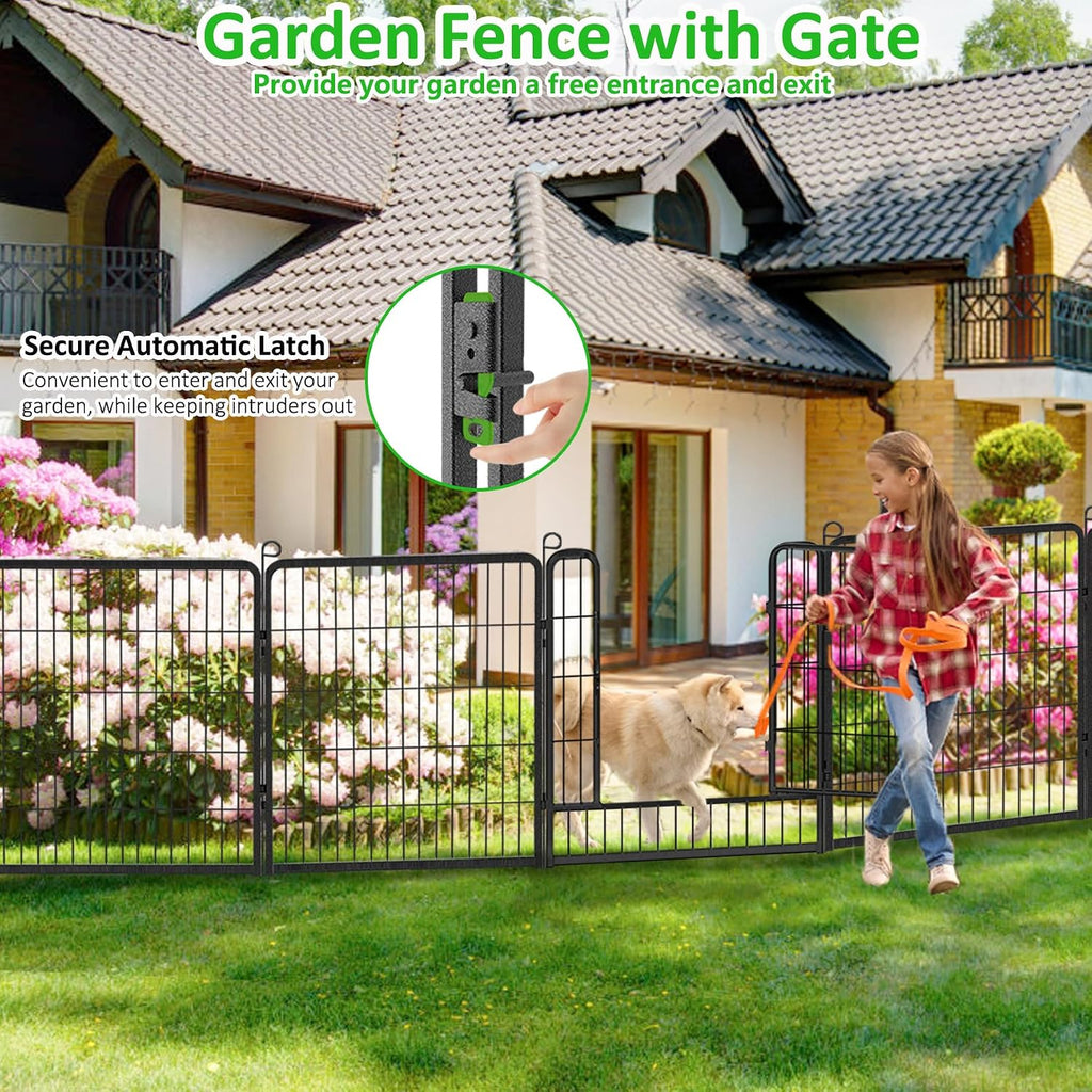 Decorative Metal Garden Fence with Gate Dog Fence Outdoor for Yard, 32in(H) x 107Ft(L) No Dig Fence 40 Panels Fencing for Dogs Animal Barrier Fence Garden Fencing for Yard, Patio, Flower Bed