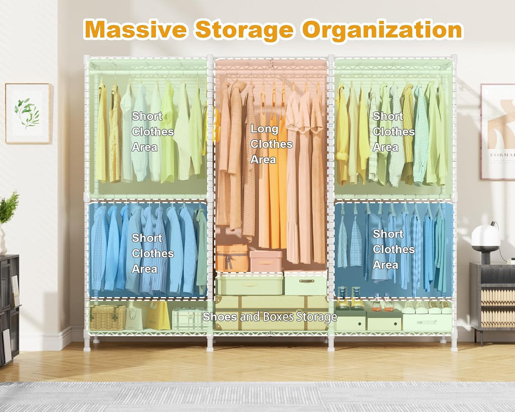 ULIFHOME E14C Pro Heavy Duty Closet Organizer System，Freestanding Clothing Racks for Hanging Clothes，Adjustable Garment Rack 69' W × 16' D × 77' H Hold 960 lbs，White Rack with Grey Dustproof Cover