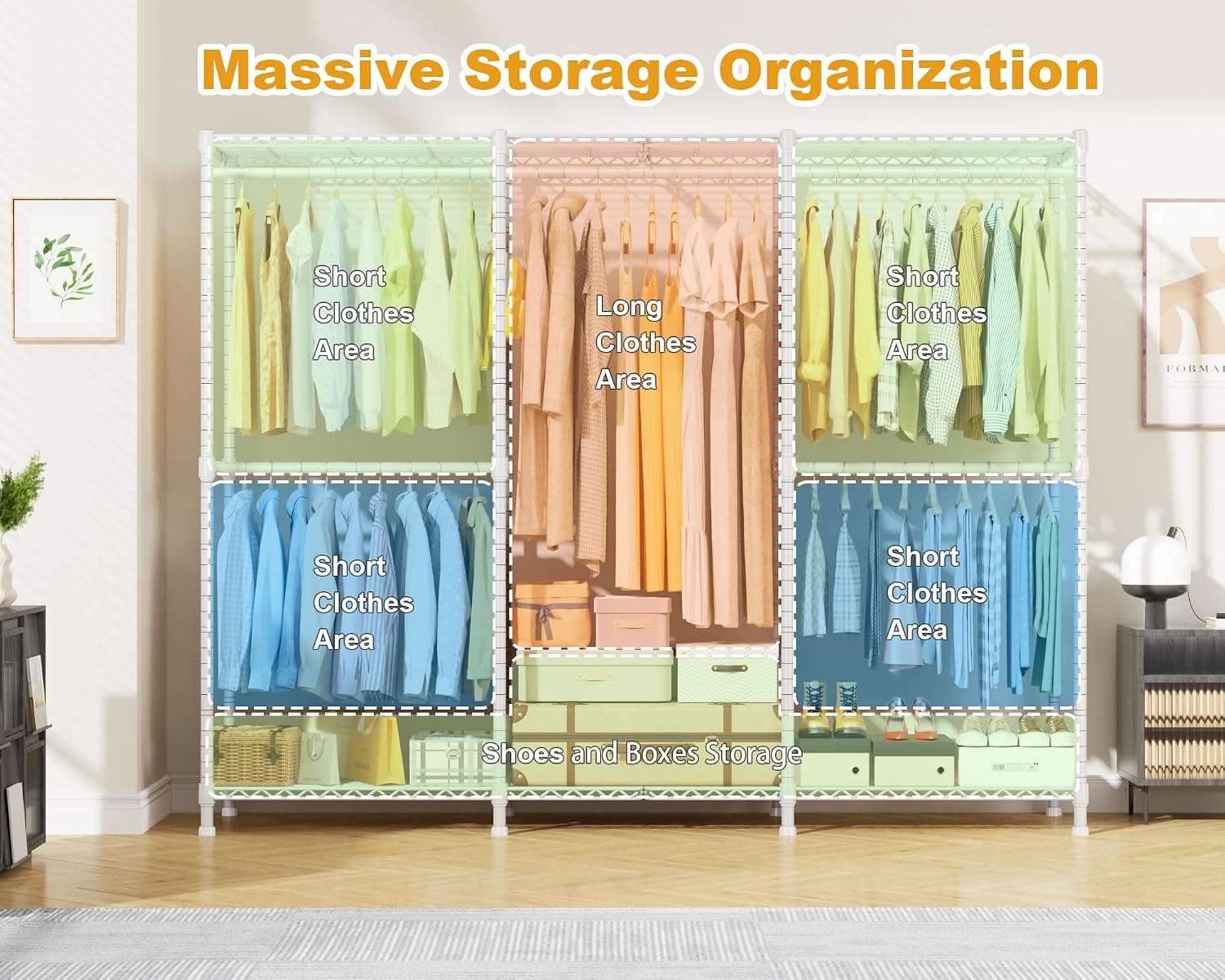 ULIFHOME E14C Pro Heavy Duty Closet Organizer System，Freestanding Clothing Racks for Hanging Clothes，Adjustable Garment Rack 69' W × 16' D × 77' H Hold 960 lbs，White Rack with Grey Dustproof Cover