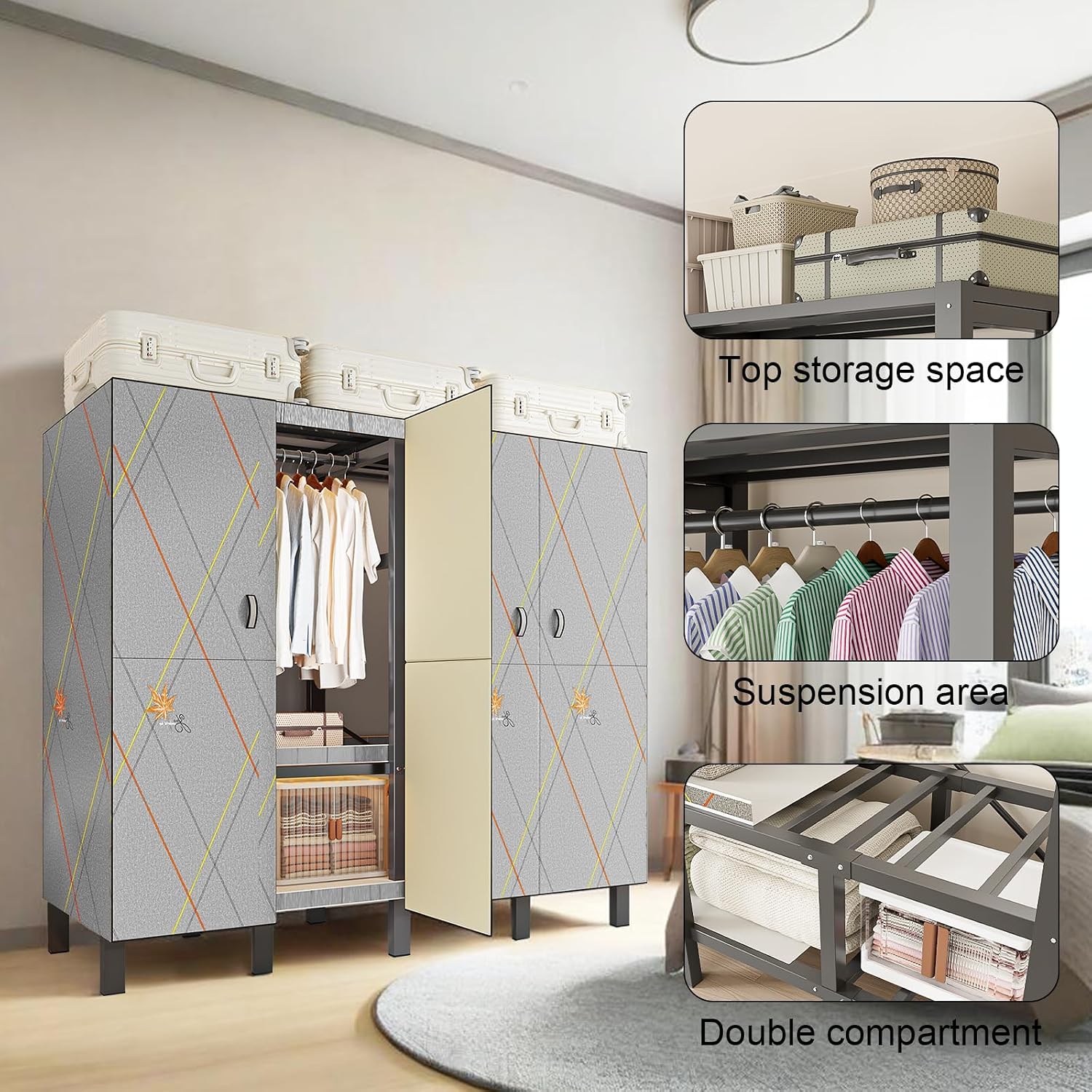 Portable Wardrobe Closet, Heavy Duty Clothing Rack for Hanging Clothes, Metal Clothes Rack with Cover and Hanging Rods, Freestanding Wardrobe Armoire Load 1000 LBS (Door Style 49 inches/125cm)