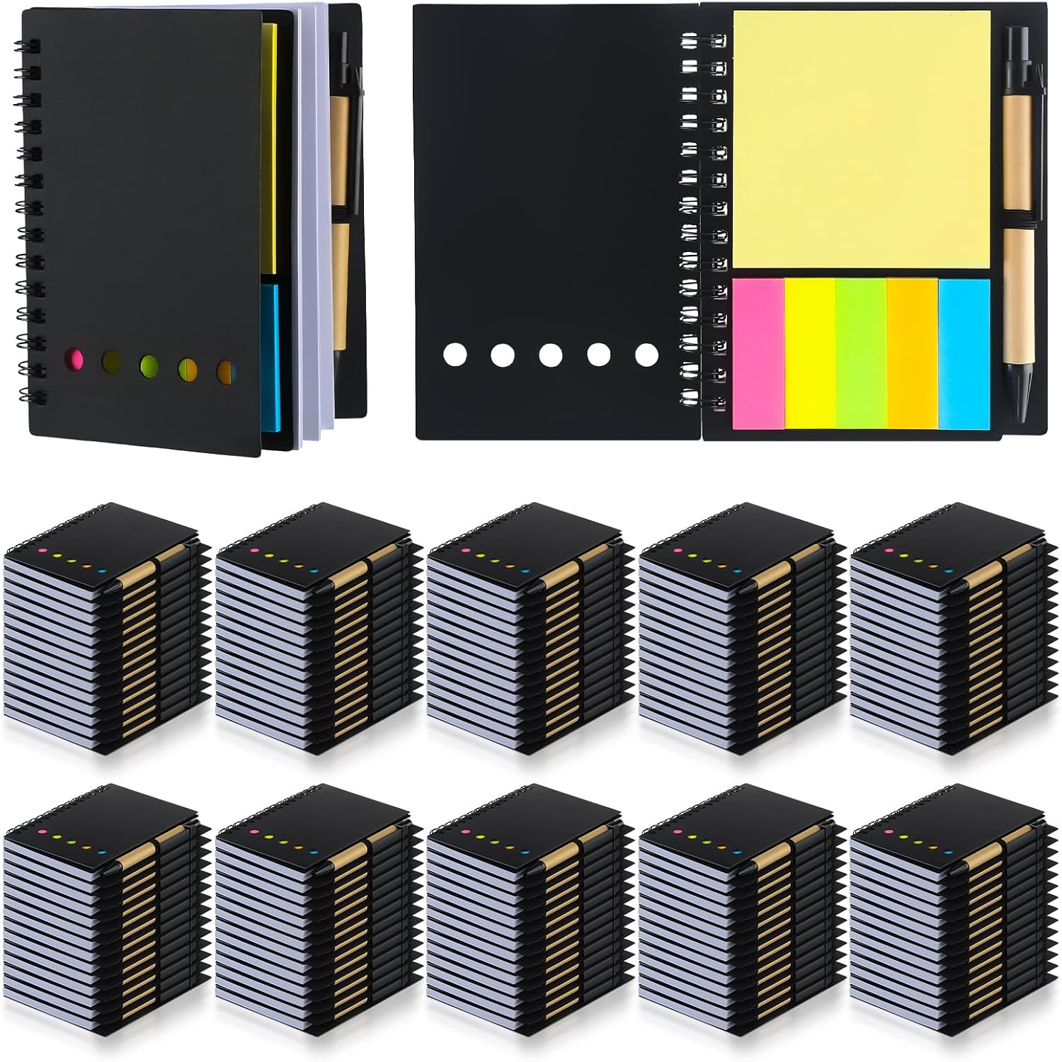 Qilery 150 Pack Lined Spiral Notebook Small Notepad and Pen Set Steno Pads Lined Notepad Black Pocket Notebook for Business Office Supplies