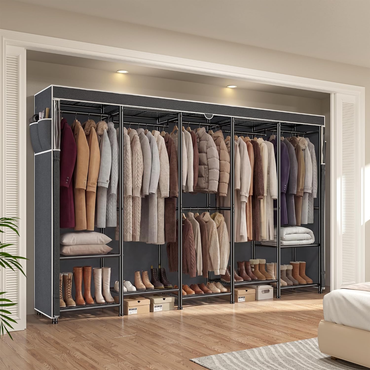 Raybee Clothes Rack, Extra Large Clothing Rack with Cover, Heavy Duty Portable Closets for Hanging Clothes, Freestanding Metal Closet Rack with 6 Rods & 12 Shelves for Bedroom, Load 1200 lbs, Black