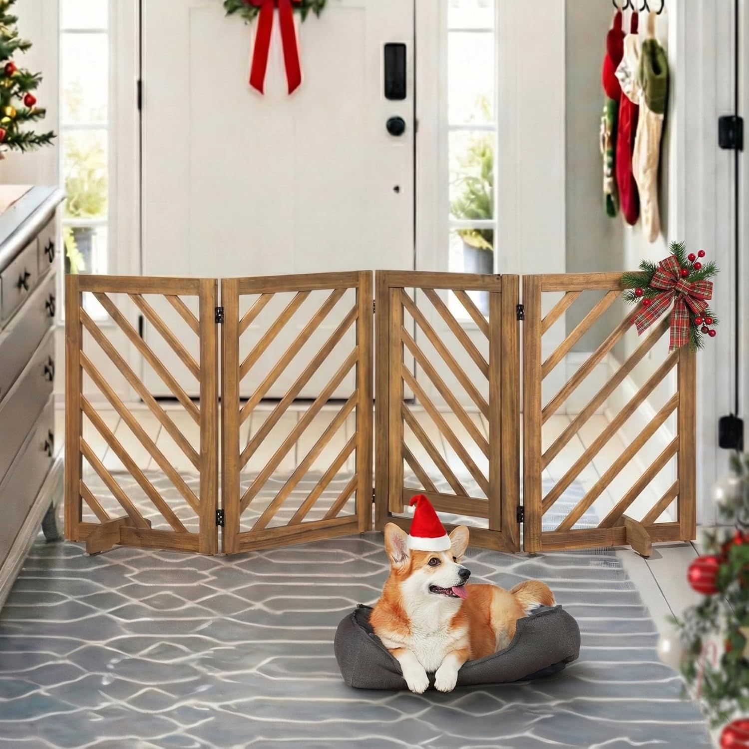 dCee Solid Acacia Wood Dog Gate, Freestanding Walk-Through Pet Gate, 81' 4-Panel Foldable Wooden Dog Gates with Door & 2 Support Legs for Doorways, Kitchen, Hall, Stairs, Indoor & Outdoor