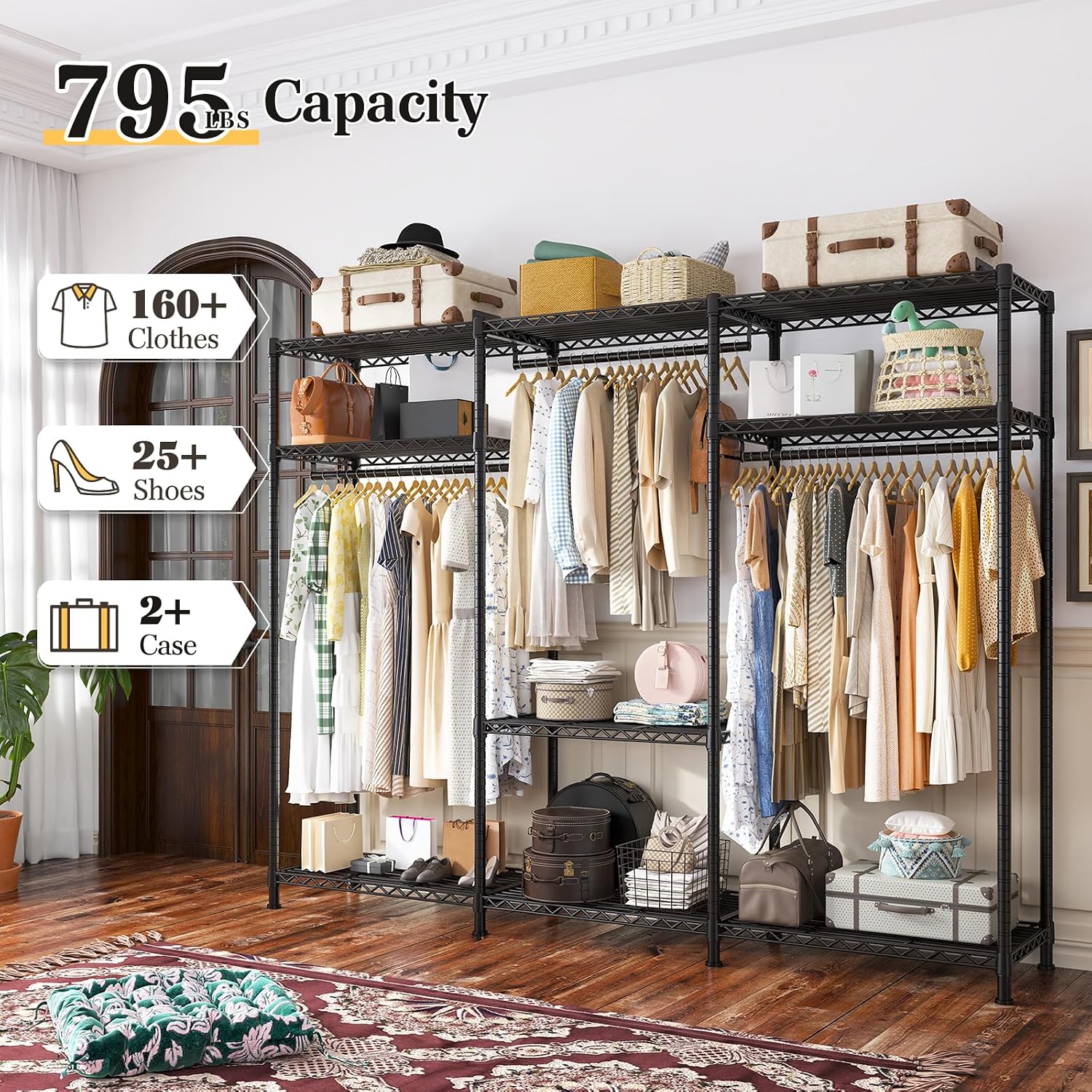 Raybee Clothes Rack Heavy Duty Load 795LBS Portable Clothing Racks for Hanging Clothes Adjustable Garment Rack, 56' W X16 D X 75.5' H Black
