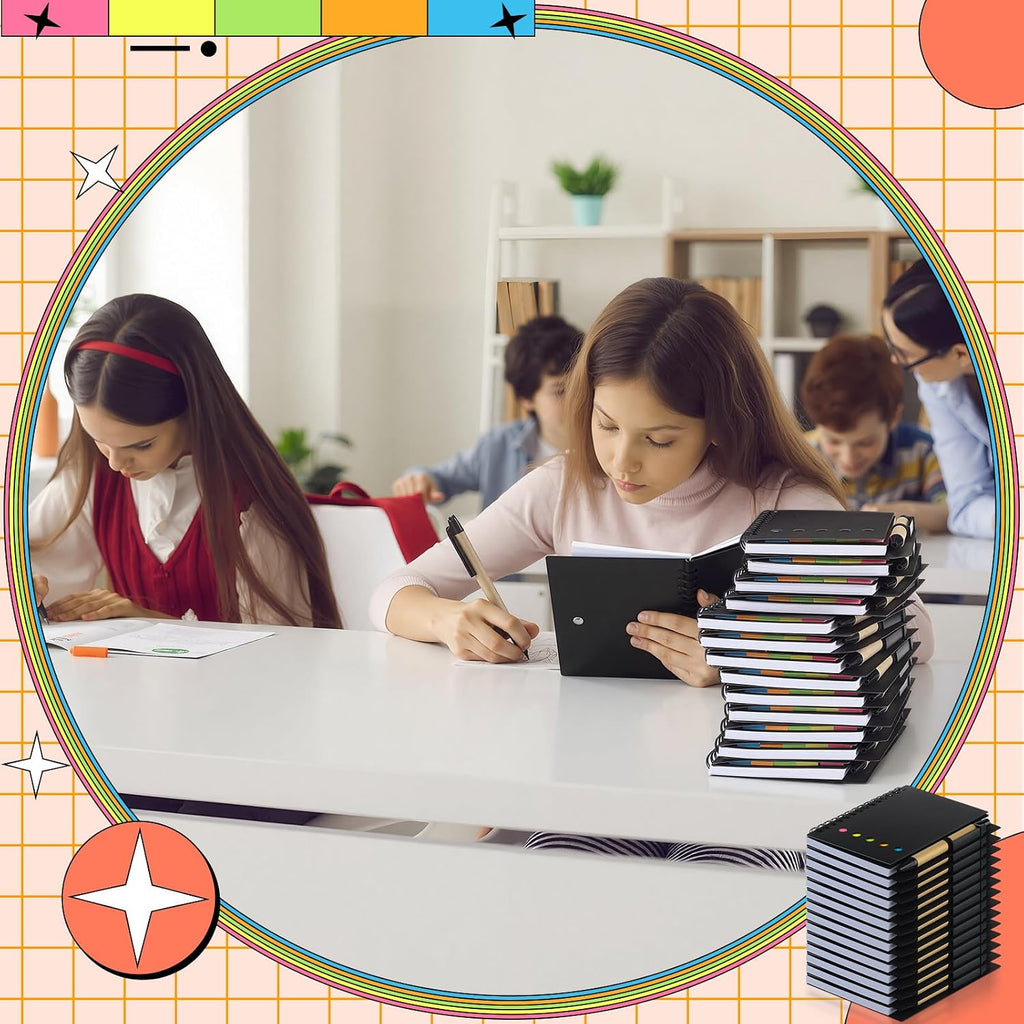 Qilery 150 Pack Lined Spiral Notebook Small Notepad and Pen Set Steno Pads Lined Notepad Black Pocket Notebook for Business Office Supplies