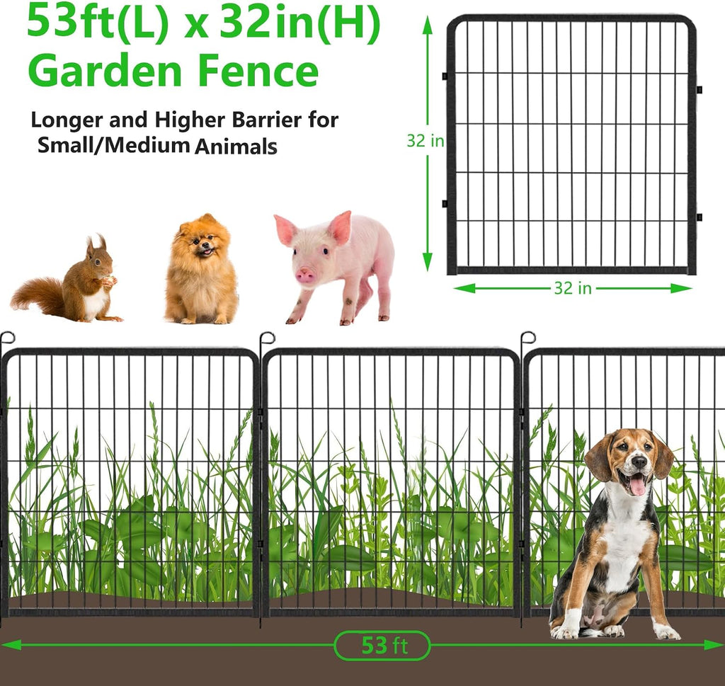 No Dig Decorative Garden Fence with Gate Rustproof Metal Fence Panels, 32in(H) x 53Ft(L) Garden Fencing for Yard 20 Panels Animal Barrier Fence for Dogs, Rabbit, Patio