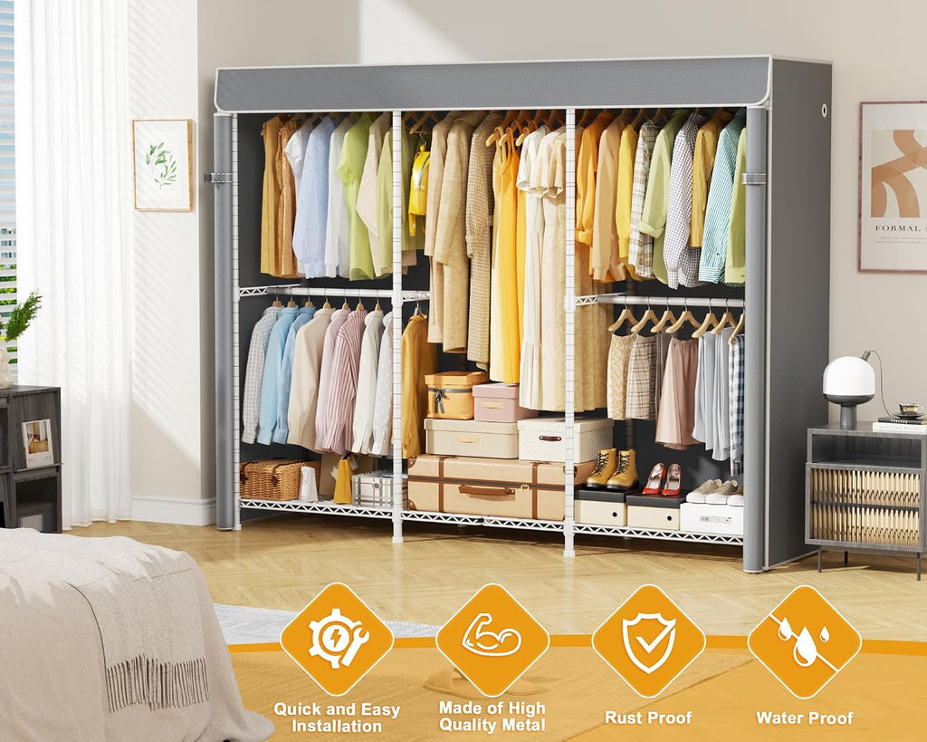 ULIFHOME E14C Pro Heavy Duty Closet Organizer System，Freestanding Clothing Racks for Hanging Clothes，Adjustable Garment Rack 69' W × 16' D × 77' H Hold 960 lbs，White Rack with Grey Dustproof Cover