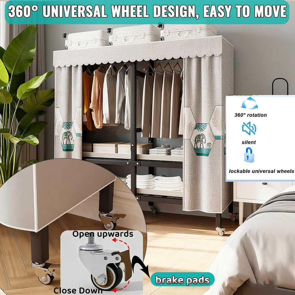Metal Wardrobe Closet Rack 1500lbs Heavy Duty Foldable Garment Rack with Cover and Wheels Foldable Freestanding Clothes Organizer Enclosed Armoires for Hanging Clothes F 66.9'/170CM (D 49.2)