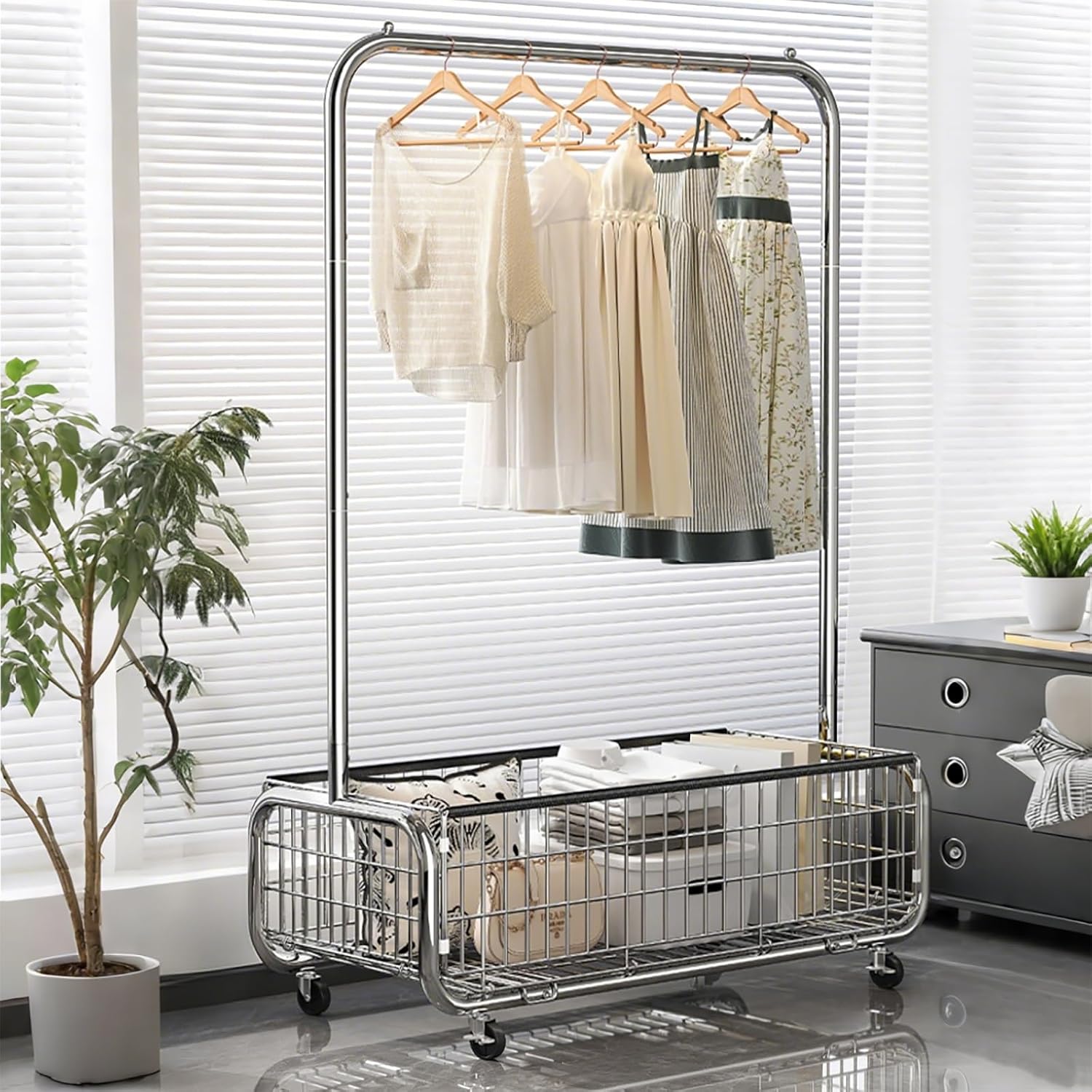 Clothes Rack With Storage Basket,Garment Racks With Wheel,Large Metal Rolling Clothing Racks For Hanging Clothes,Shirts Jeans And Coats(White,80cm/31.5in)