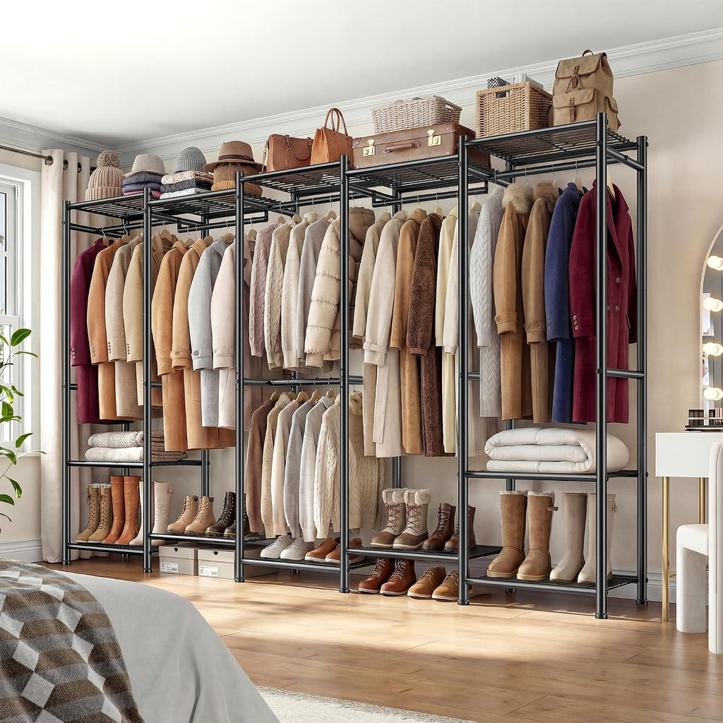 Raybee Clothes Rack, Extra Large Clothing Rack with 6 Rods & 12 Shelves, Heavy Duty Portable Closets for Hanging Clothes, Freestanding Closet Rack, Metal Garment Rack for Bedroom, Load 1200 lbs, Black