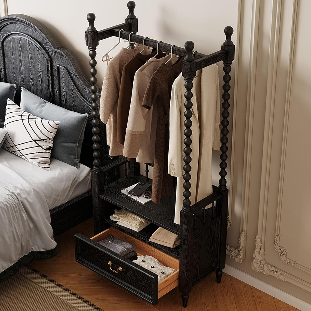 Solid Clothes Rack, Garment Racks, Drawers and A Shelf, Floor Coat Rack Retro Wooden Floor-Standing, Clothes Racks Bedroom for Hanging Shirts, Jackets(Black)