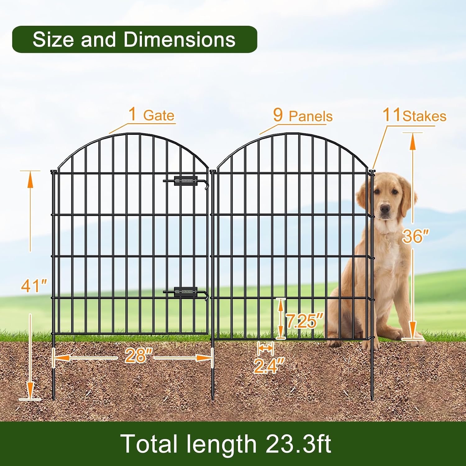 FOREHOGAR Metal Garden Fence with Gate 36in (H) x 23.3ft (L), 1 Gate+ 9 Panels Dog Fence Border Fence Animal Barrier, No Dig Garden Fencing for Yard Flower Bed Lawn Patio Outdoor, ECG3610, Black