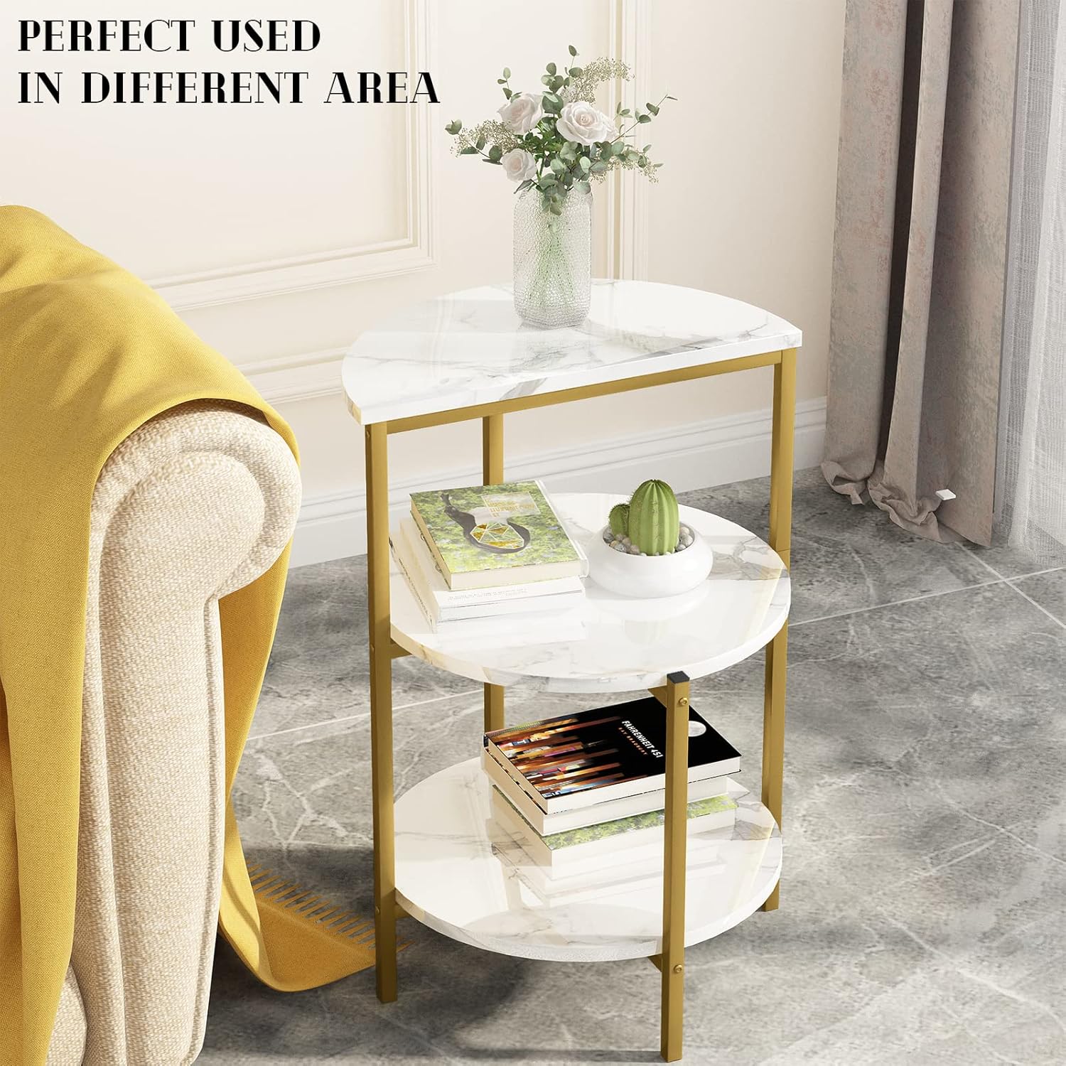AWQM Faux Marble Table Set, Coffee Table & 2 Side Table, Faux Marble Tabletop and Metal Frame, 3 Piece Table Sets, for Living Room Apartment, White & Gold