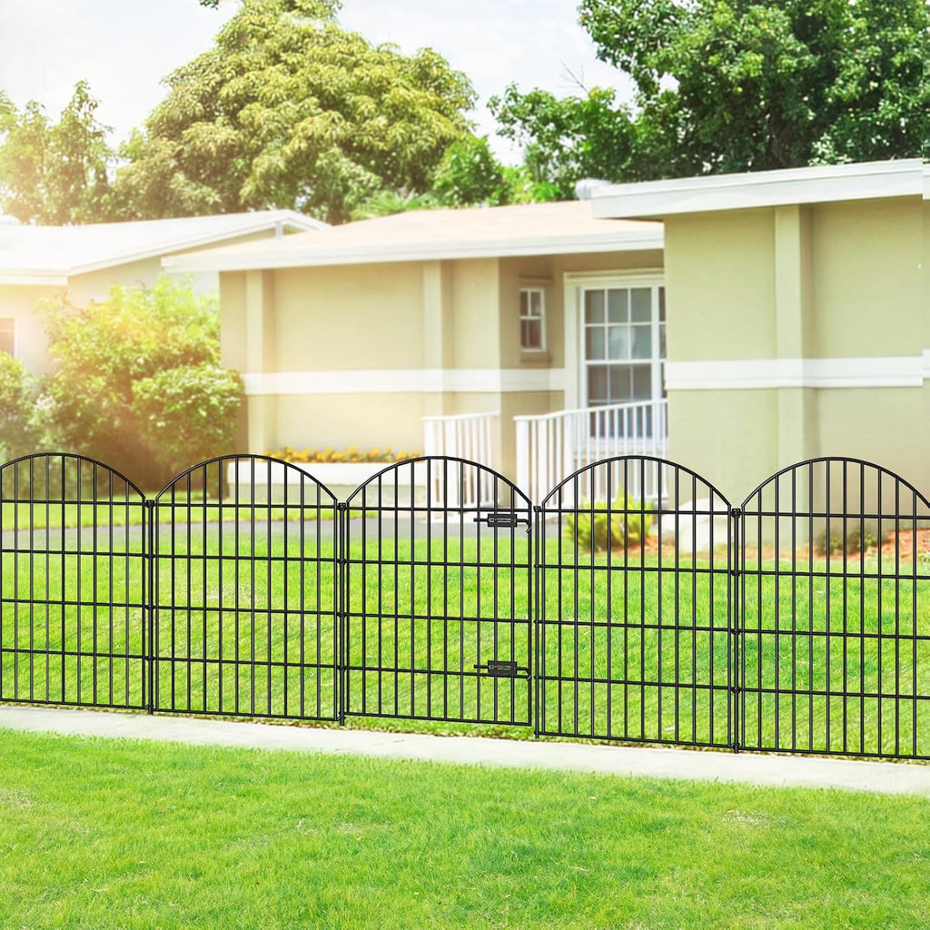FOREHOGAR Metal Garden Fence with Gate 36in (H) x 23.3ft (L), 1 Gate+ 9 Panels Dog Fence Border Fence Animal Barrier, No Dig Garden Fencing for Yard Flower Bed Lawn Patio Outdoor, ECG3610, Black