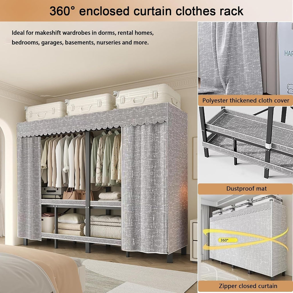 Heavy Duty Clothe Rack with Cover Load 1200lbs Foldable Portable Wardrobe Closets for Hanging Clothes Freestanding Clothing Garment Rack, Wardrobe Clothes Organizer(150cm)