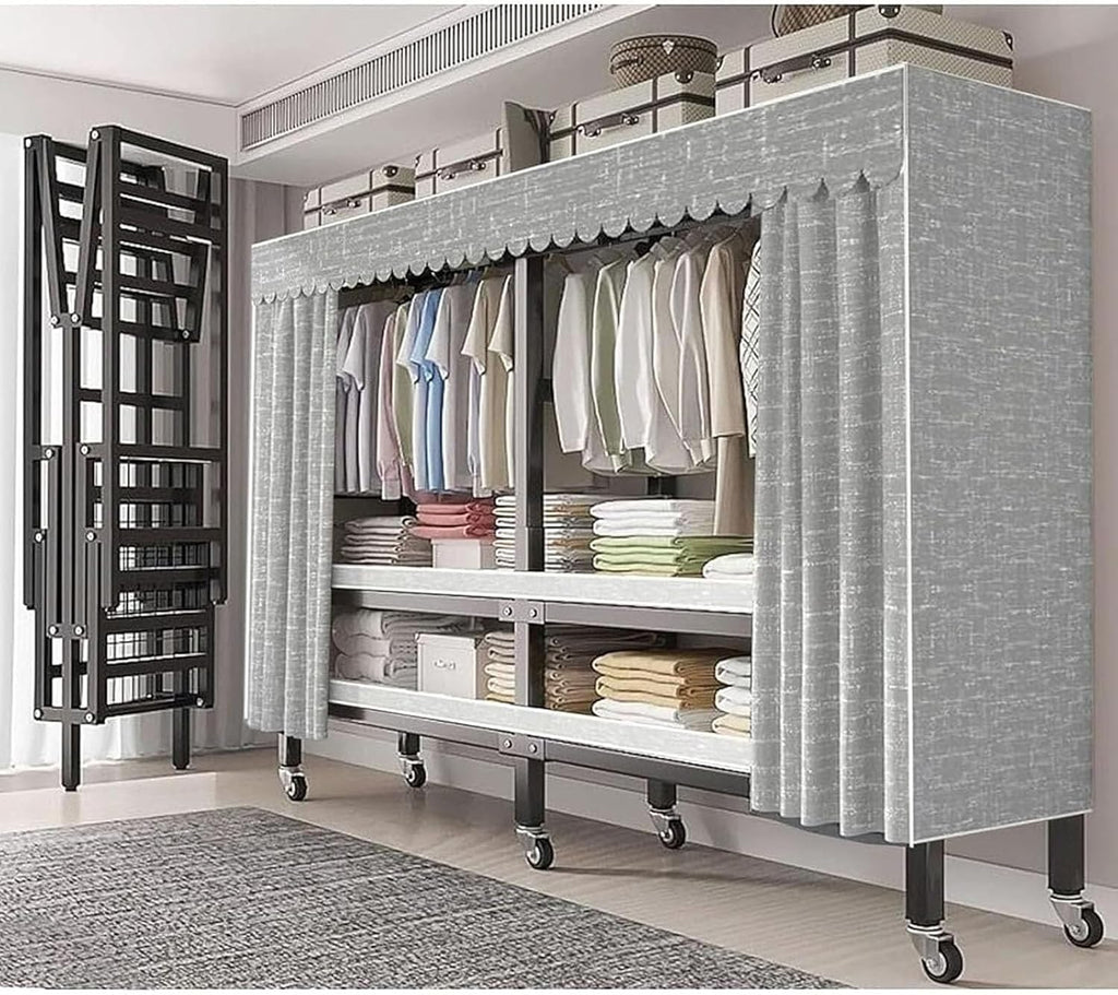 Heavy Duty Portable Wardrobe Closet Rack,1100lbs, Foldable Garment Rack With Cover，Freestanding Clothes Organizer System,enclosed Curtain Armoires For Hanging Clothes For Bedroom(190*52*170cm)